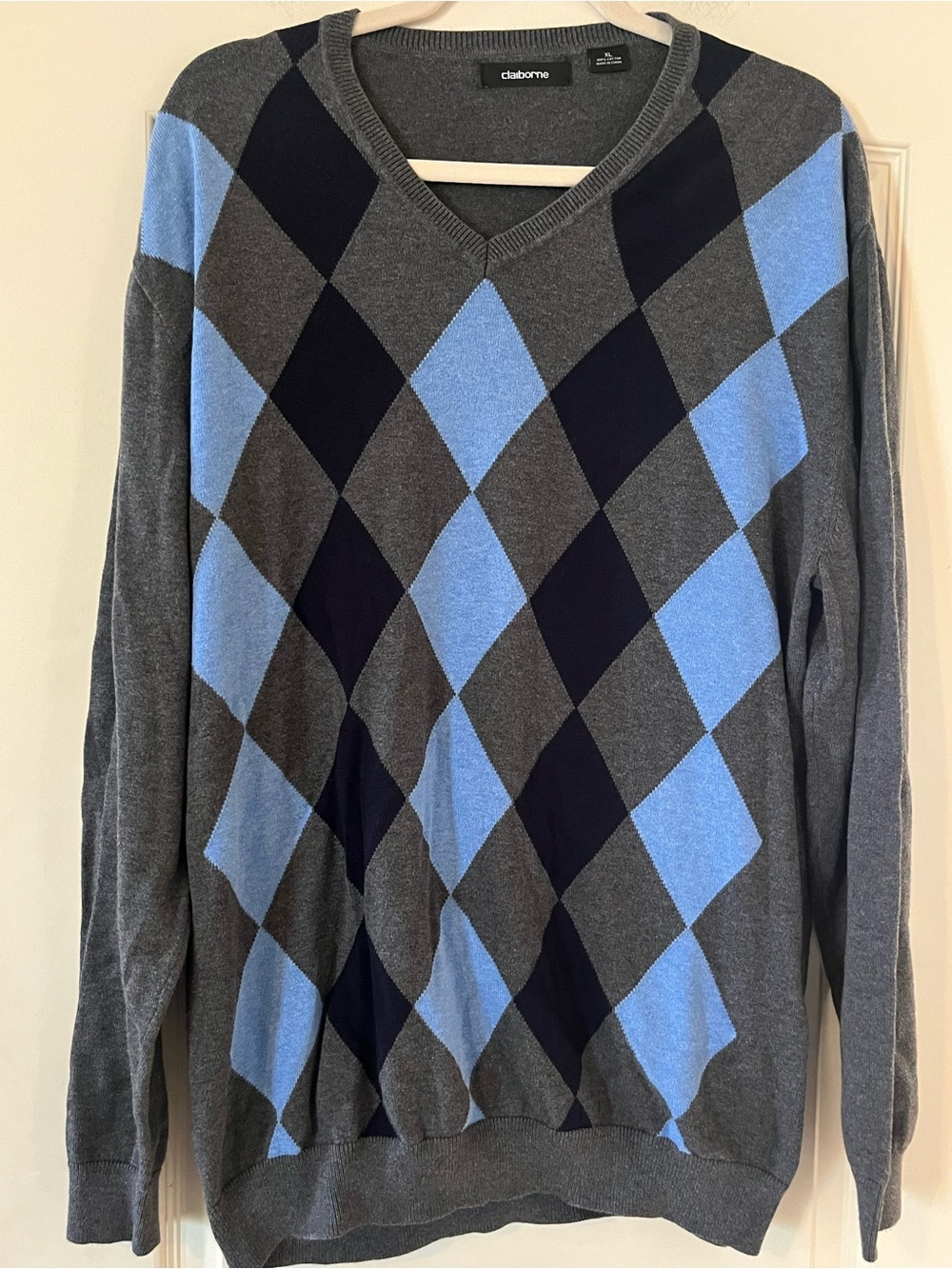 Men’s Claiborne Gray Argyle Lightweight Sweater Cotton Knit SZ XL